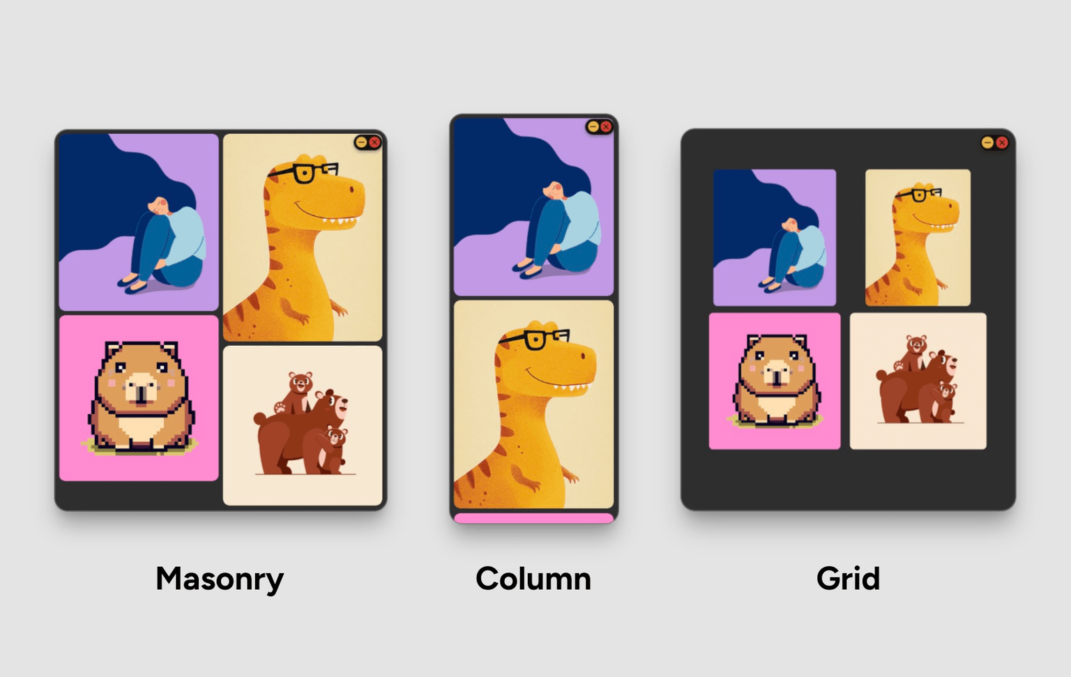 Group Frame layout modes (Grid, Column, Masonry)