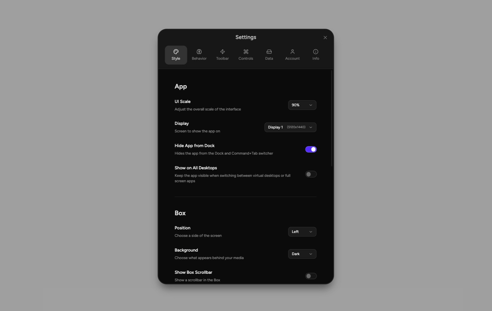 Settings tabs overview
